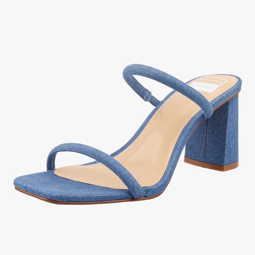 NEW Chambray High Heeled Sandal Two Strap Square Toe Slip Comfortable 10